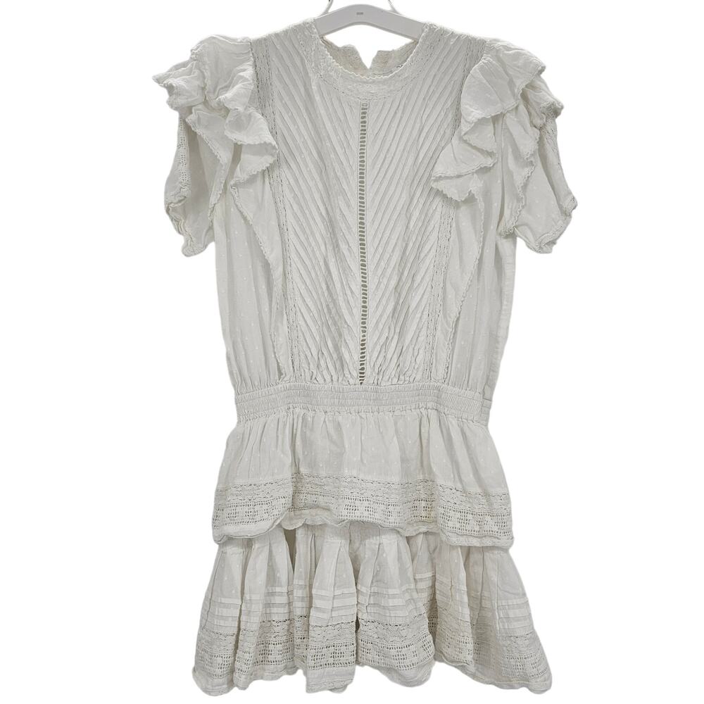 Maia Bergman Womans size M Mery Mini Dress in White Cotton Eyelet Pintuck Tiered